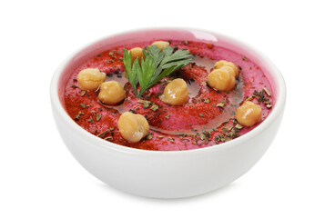 Tasty beetroot hummus and chickpeas in bowl isolated on white