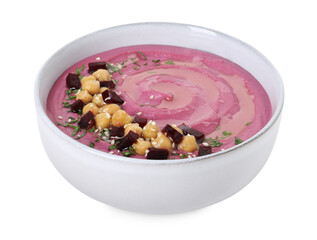 Tasty beetroot hummus and chickpeas in bowl isolated on white