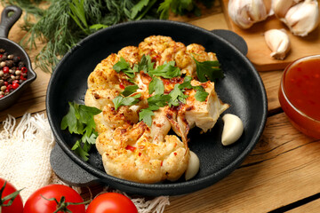 Tasty cauliflower steak in frying pan and other products on wooden table, closeup