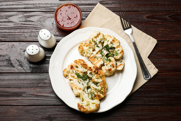 Delicious grilled cauliflower steaks with sauce and spices on wooden table, flat lay