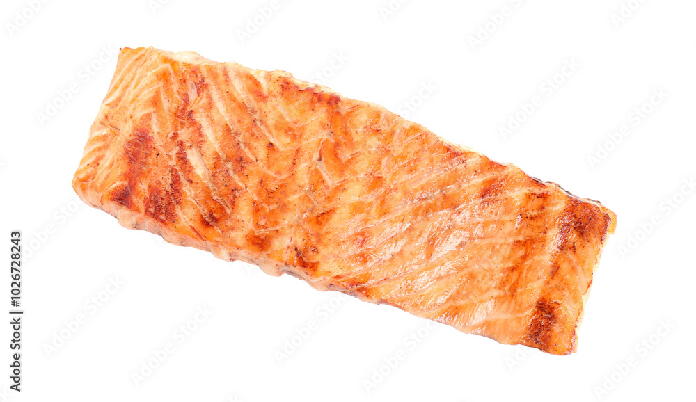 Poster Delicious grilled salmon fillet isolated on white, top view