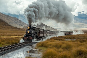 A steam train is traveling through a field of tall grass. The train is covered in smoke and steam, and the landscape is barren and desolate. Scene is one of solitude and isolation