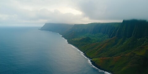 A beautiful view of the ocean with a mountain in the background. The sky is cloudy and the water is calm