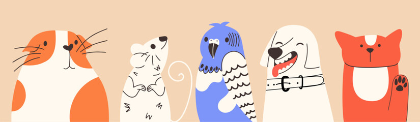 Funny cartoon pet set. Hand-drawn vector illustration with domestic animals.