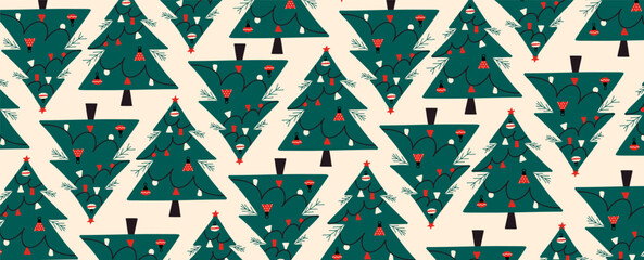 Pattern with Christmas Tree. Hand-drawn vector illustration. Festive background