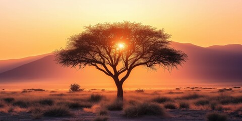 Obraz premium A tree is in the middle of a field with a sun shining on it. The sun is setting, creating a warm and peaceful atmosphere