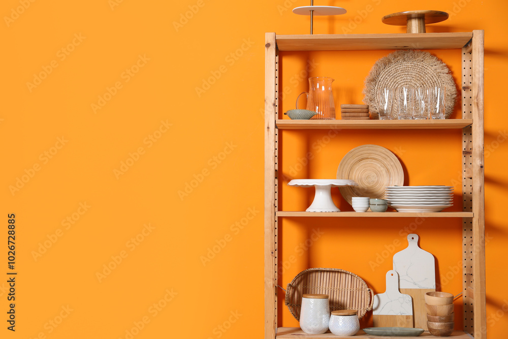 Wall mural Wooden storage stand with kitchenware near orange wall indoors, space for text