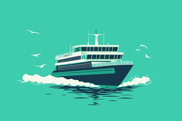 Obraz premium Ferry Icon in 2D: Transporting Green on a Cyan Sea - Eco-Friendly Water Commute