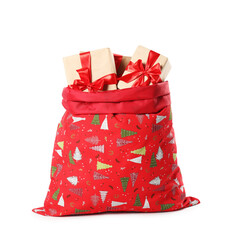 Santa Claus bag with gift boxes isolated on white