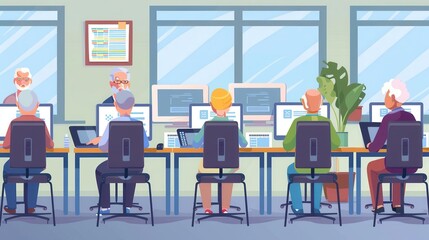 A group of seniors engages in a computer class, focused on learning new technology skills at a local community center. Generative AI