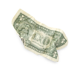 One crumpled dollar banknote isolated on white, top view