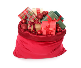 Santa Claus bag with gift boxes and Christmas balls isolated on white