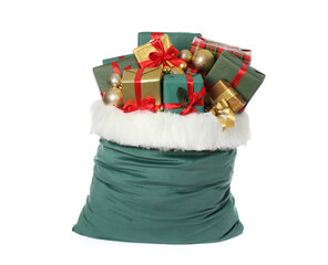 Santa Claus bag with gift boxes and Christmas balls isolated on white