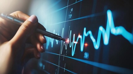 Close-up of a hand pointing to a fluctuating graph line on a digital screen, symbolizing stock market analysis or medical heart rate monitoring.