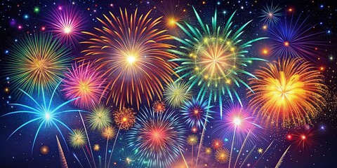 Fototapeta premium Vibrant Fireworks Display Under a Starry Night Sky - Surreal Celebrations Captured in Vector Illustration for Stunning Visuals