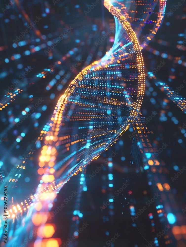 Aufkleber this visualization depicts a 3d-rendered dna strand intricately overlaid with colorful digital data 