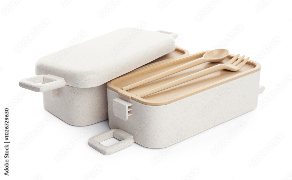 Canvas Prints Compartments of plastic lunch box with cutlery isolated on white