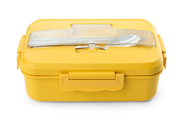 Yellow lunch box with cutlery isolated on white