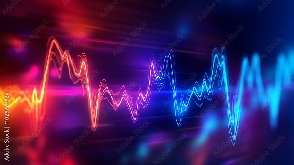 Poster vibrant neon waveforms pulse across a dark background, transitioning from fiery red to cool blue, cr