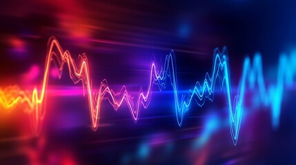 Vibrant neon waveforms pulse across a dark background, transitioning from fiery red to cool blue, creating a dynamic visual representation of sound or data.