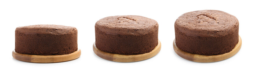 Tasty chocolate sponge cake isolated on white, collage