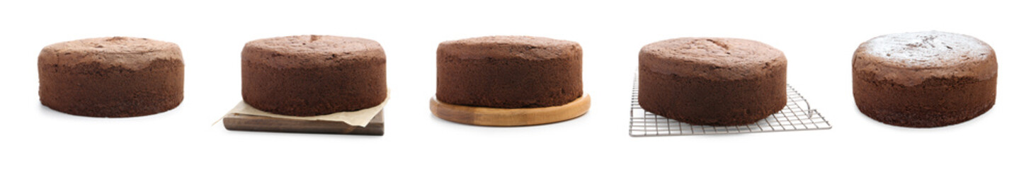 Tasty chocolate sponge cakes isolated on white, set