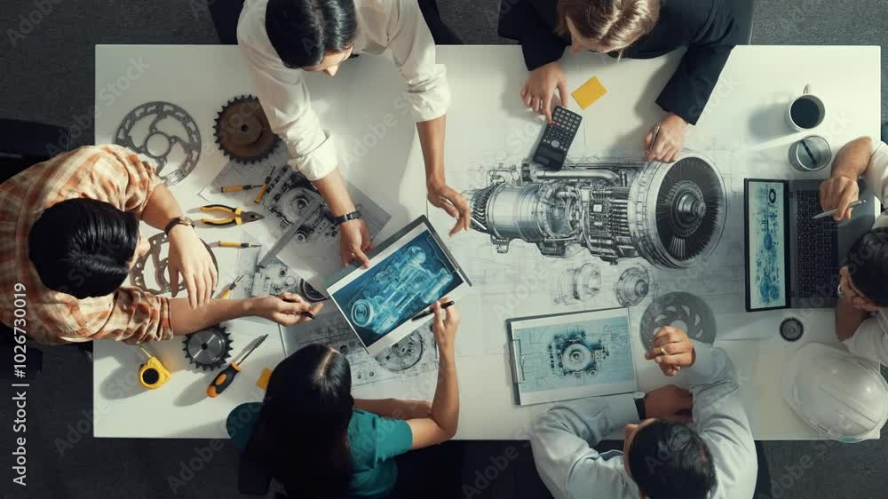 Poster top down aerial view of smart engineer team working together to design turbine engine. professional 