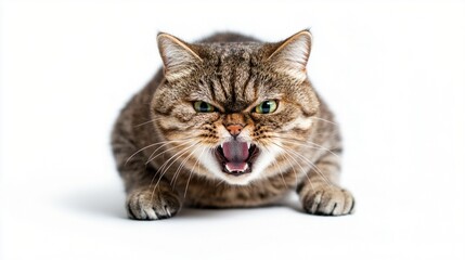 Obraz premium Fierce tabby cat with green eyes hissing aggressively, showing sharp teeth and pink tongue against white background. Feline displays defensive posture.