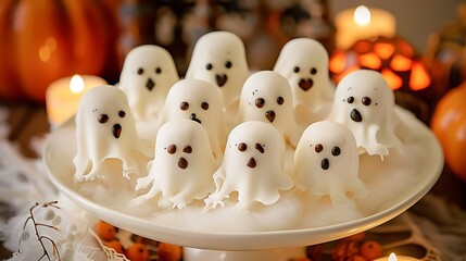 A serving dish filled with ghost shaped popping cakes for halloween