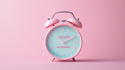 A cheerful pink alarm clock displaying good morning text stands on a soft pink background, welcoming the new day with positivity