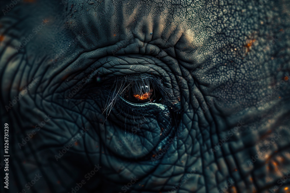 Poster the texture of the elephant's skin and the profound depth of its eye create a striking, intimate con
