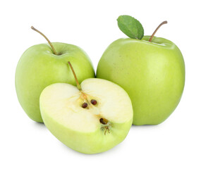 Whole and cut fresh green apples isolated on white