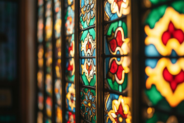 Fototapeta premium Vibrant stained glass windows with floral patterns create a warm, inviting atmosphere