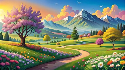 Fototapeta premium Vibrant Spring Rural Landscape with Blossoming Trees, Fields, and Mountains - Perfect for Food Photography and Seasonal Themes