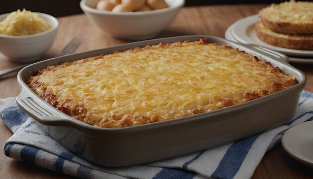 cheesy hashbrown casserole in a dish