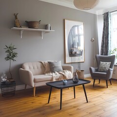 A stylish boho Scandinavian living room featuring a beige sofa, black coffee table, and large artwork on a grey wall.
