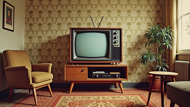 Old Retro TV in Room with Vintage Furnitures  