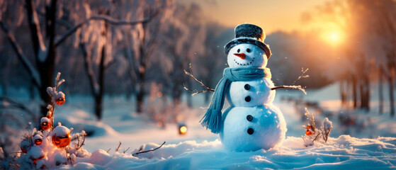 Fototapeta premium Cute snowman standing in a winter landscape evening. Merry Christmas and New Year . greeting card.