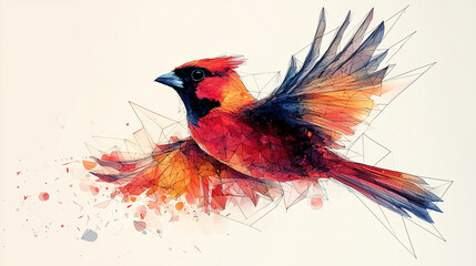 Fototapeta premium abstract geometric cardinal in flight, exploding in a mosaic of red and orange shards