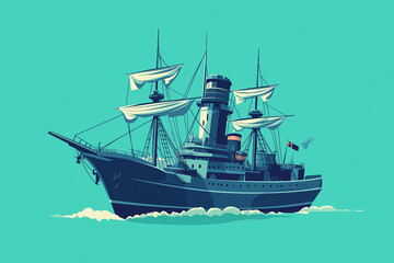Frigate Icon Guarding Blue on a Field Green Background: Maritime Defense in Natural Tones