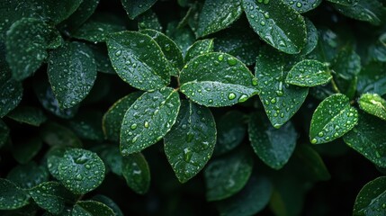 Obraz premium The lush green leaves glisten with water droplets, reflecting the freshness of nature after rain in a tranquil outdoor space. Generative AI