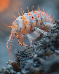 A close-up of a small, spiky creature crawling on the ground. AI.