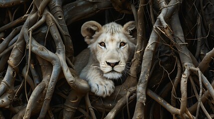 A white lion cub amongst tangled roots