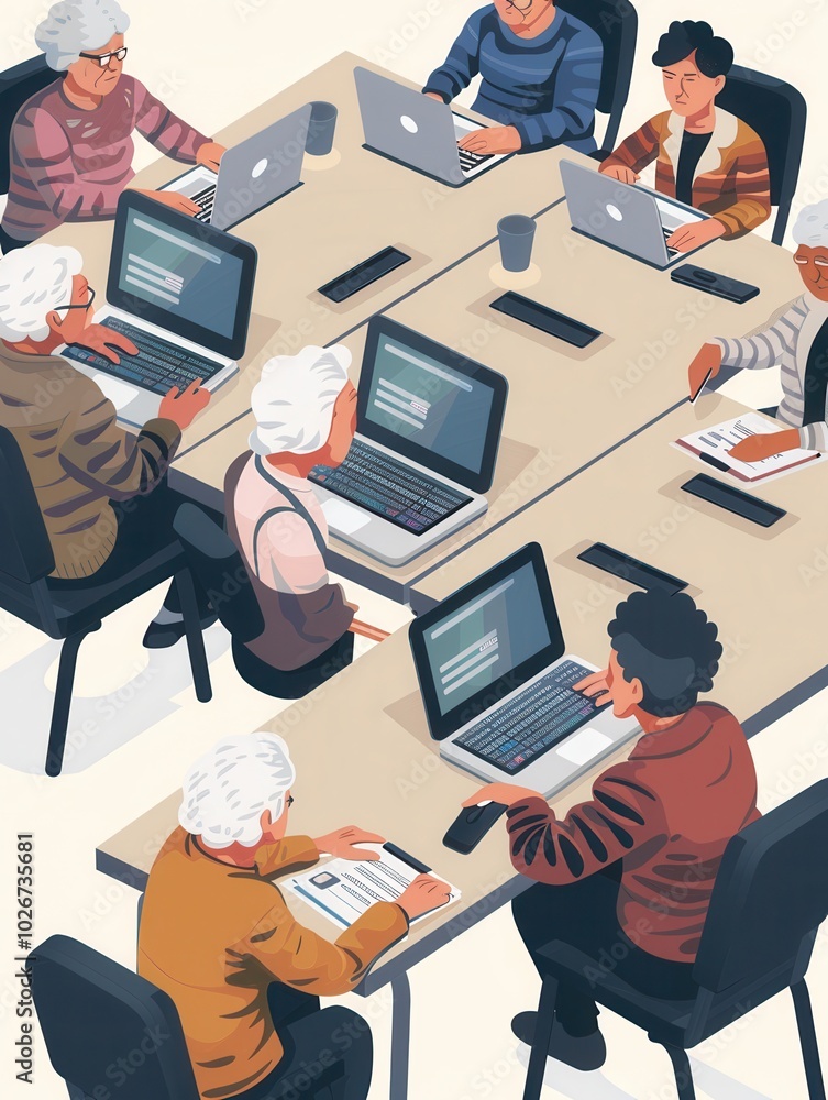 Poster a group of elderly individuals focuses on learning computer skills while using laptops in a classroo