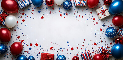 Colorful 4th of July background featuring festive decorations, presents, balloons, and confetti, creating a vibrant and inviting atmosphere, perfect for celebratory occasions.