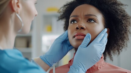 Medical professional in blue scrubs and gloves examining patient's face and neck, focusing on lymph nodes. Healthcare checkup in bright clinical setting.