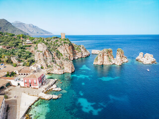 Aerial View of Tonnara di Scopello and Faraglioni Rock Formations, Sicily

