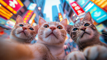 Three cats look up at the camera in a city setting with colorful lights in the background.