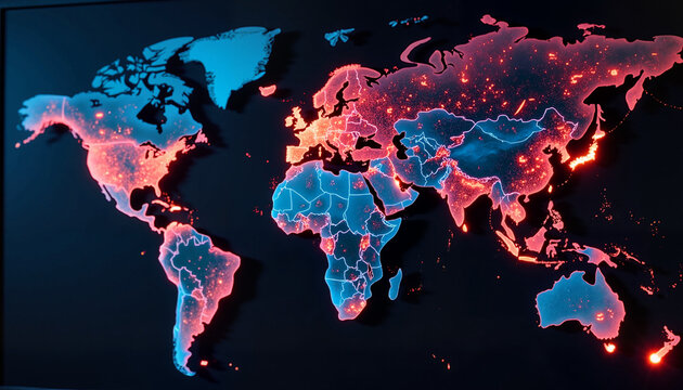 Illuminated world map with data on a dark background