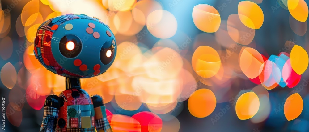 Poster a toy robot with a colorful pattern stands in front of a blurry background of lights. ai.